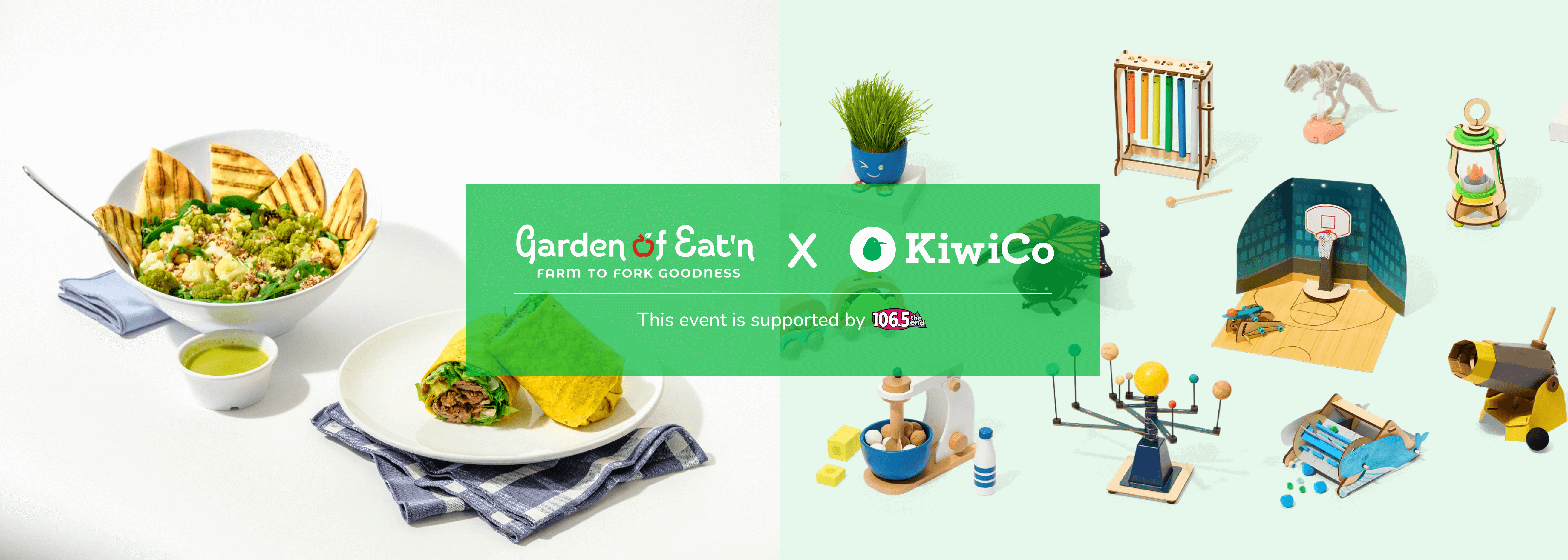 A banner image of food and toys with the logos of Garden Of Eat'n and KiwiCo
